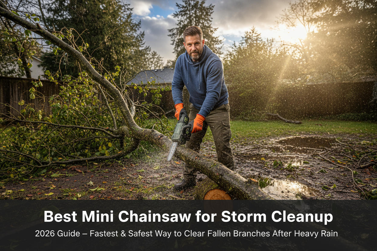 Best mini chainsaw for storm cleanup 2026 – lightweight cordless mini chainsaw clearing fallen wet branches after heavy rain
