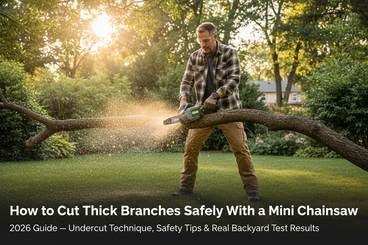 How to cut thick branches safely with a mini chainsaw 2026 – undercut technique and safe cordless chainsaw use for homeowners