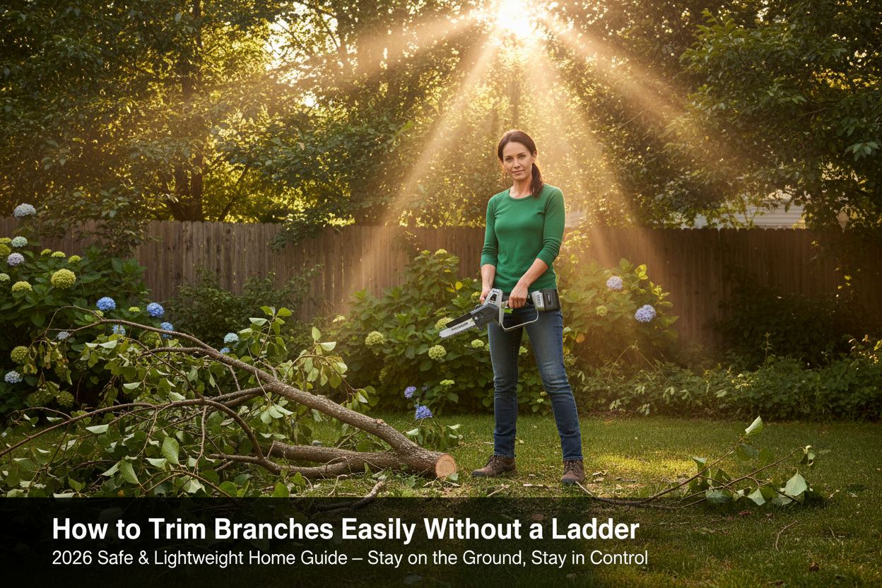 How to trim branches easily without a ladder 2026 – MiniSawPro cordless mini chainsaw safe ground-level trimming