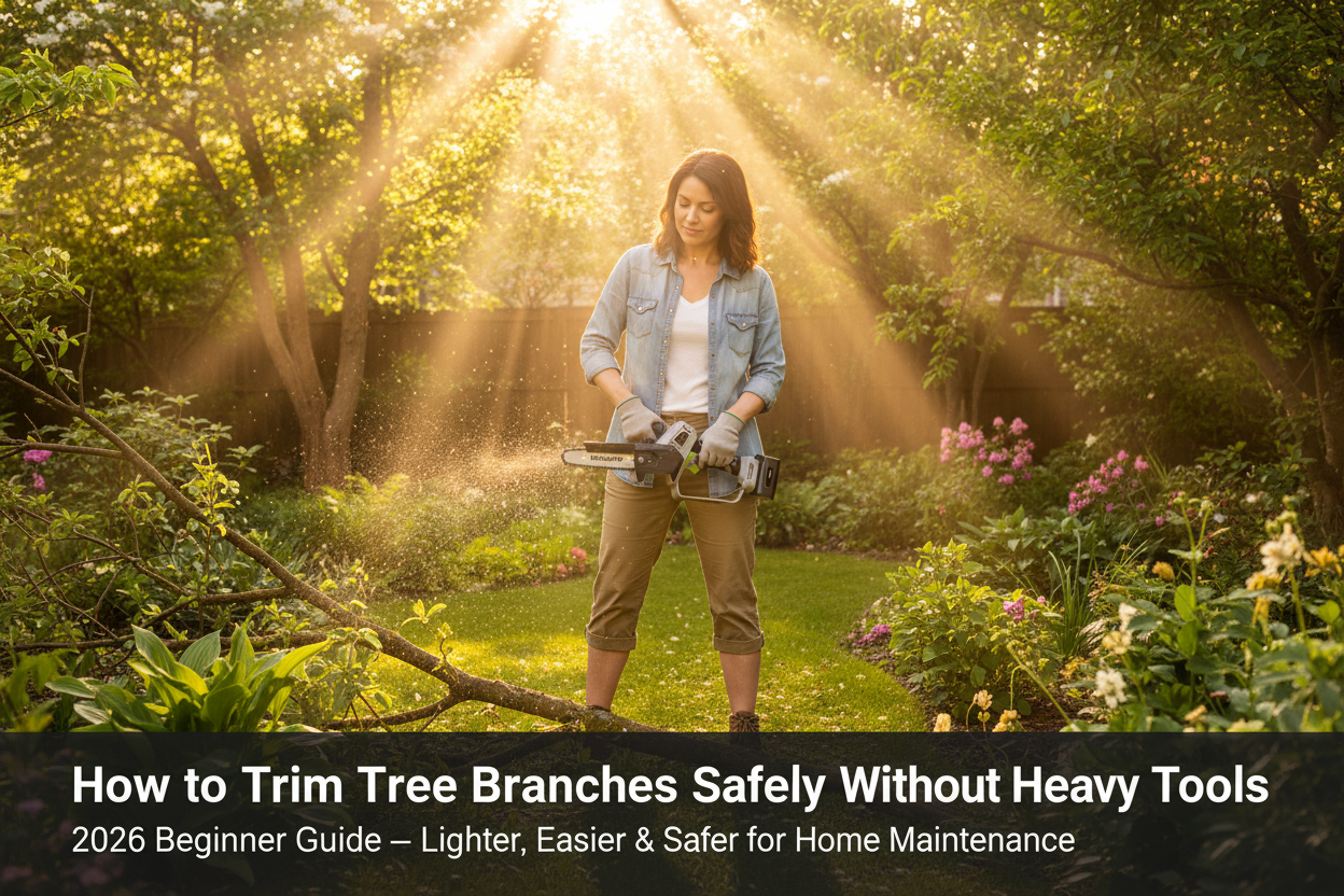 How to trim tree branches safely without heavy tools 2026 – MiniSawPro lightweight cordless mini chainsaw beginner guide