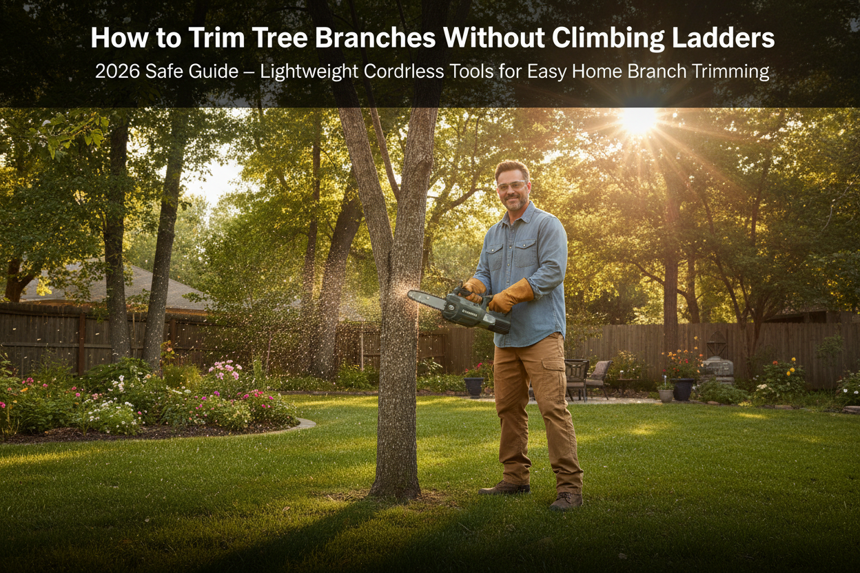 How to trim tree branches without climbing ladders 2026 – lightweight cordless mini chainsaw safe ground-level branch trimming guide
