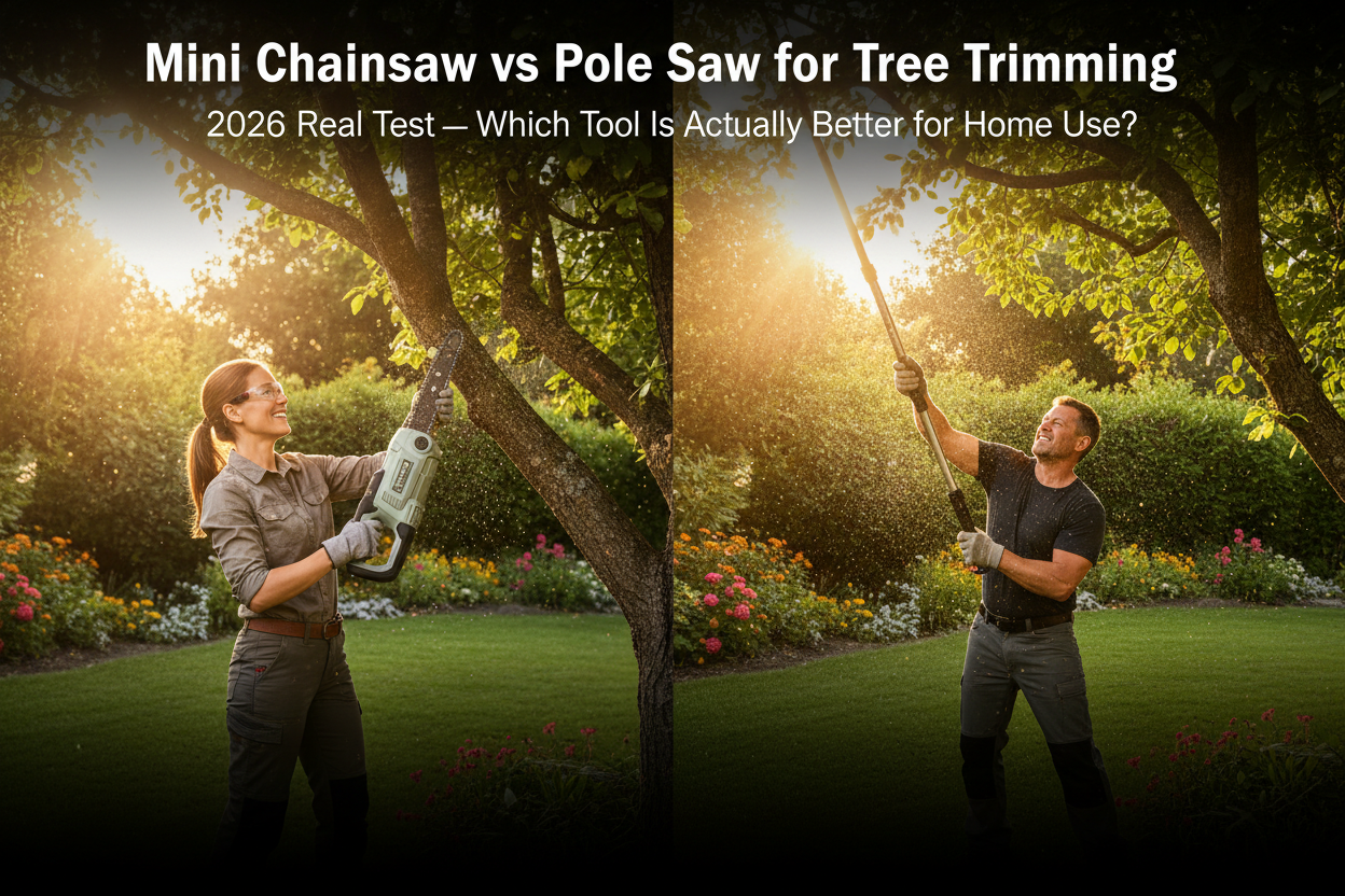 Mini chainsaw vs pole saw for tree trimming 2026 – real backyard test comparing lightweight cordless mini chainsaw and pole saw for homeowners