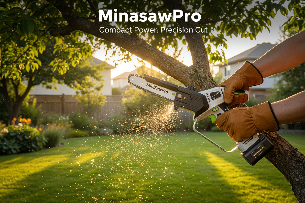 MinisawPro cordless mini chainsaw in use – lightweight battery powered chainsaw for home garden pruning and branch trimming