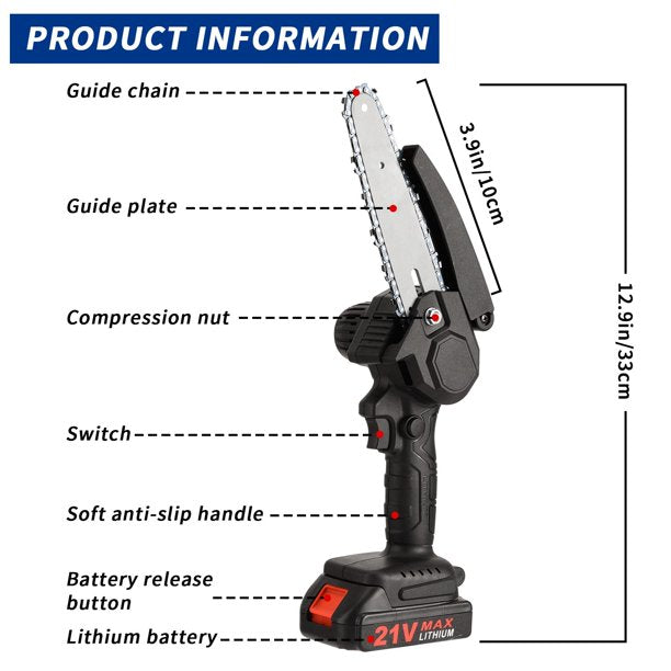 Mini Chainsaw Kit, 4-Inch+6-Inch Adjustable Cordless Handheld Chain Saw with 2 Rechargeable 21V 2000mAh Battery, 4 Chains, Tool Box Set, Hand Held Power Chain Saws DANNY'S HOME GOODS