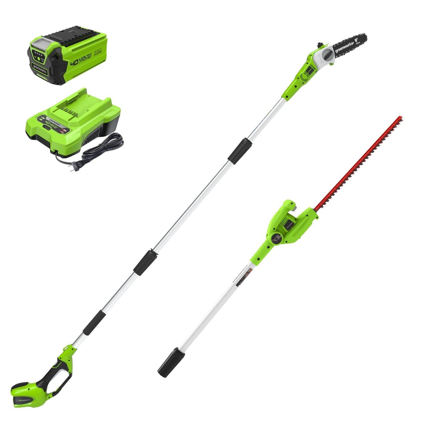 40V 8" Cordless Battery Pole Saw and Hedge Trimmer Attachment: 2.0 Ah Battery and Charger greenworkstools