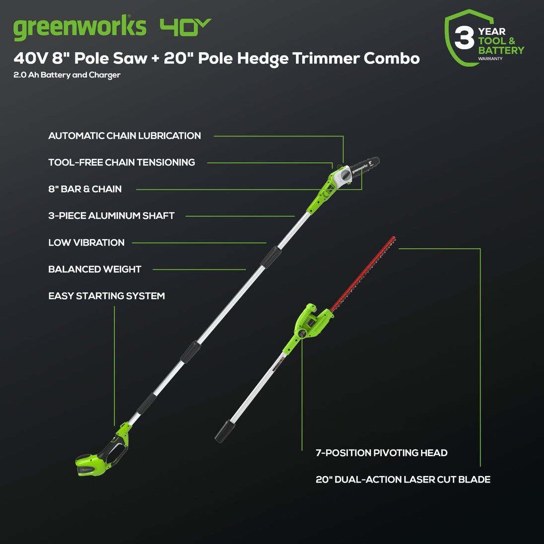 40V 8" Cordless Battery Pole Saw and Hedge Trimmer Attachment: 2.0 Ah Battery and Charger greenworkstools