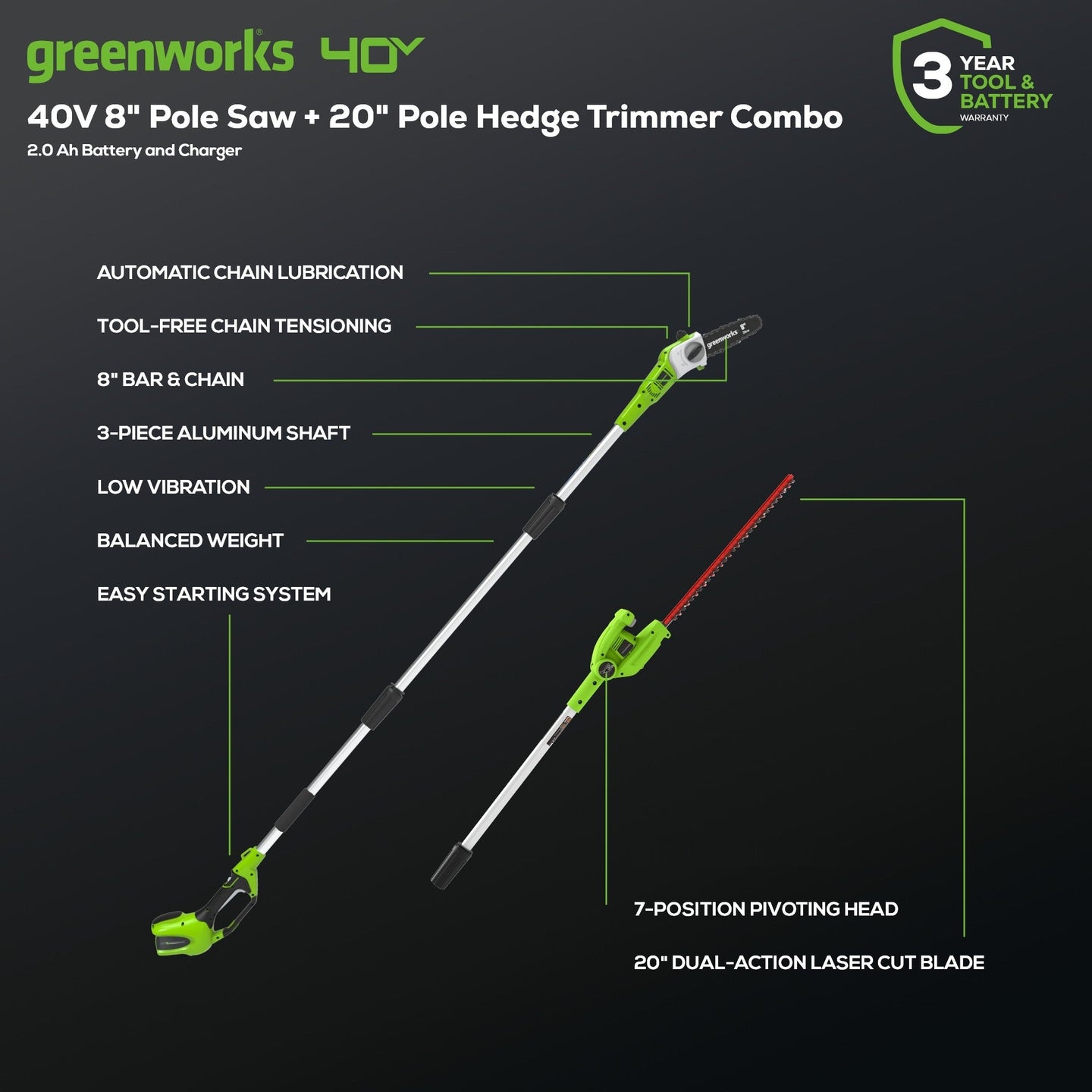 40V 8" Cordless Battery Pole Saw and Hedge Trimmer Attachment: 2.0 Ah Battery and Charger greenworkstools