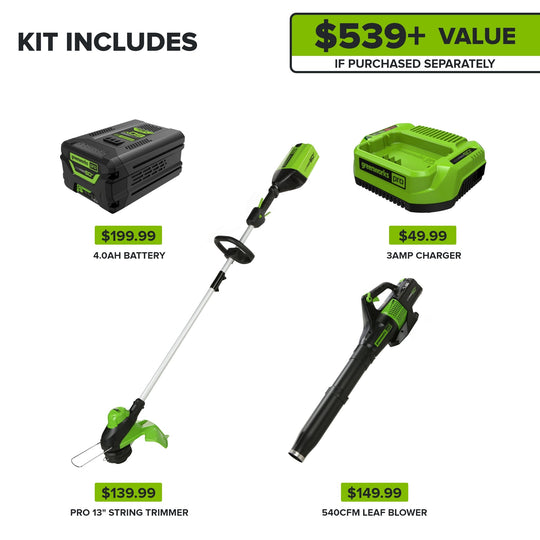 60V 13" Cordless Battery String Trimmer & 540 CFM Leaf Blower Combo Kit w/ 4.0Ah Battery & Charger greenworkstools