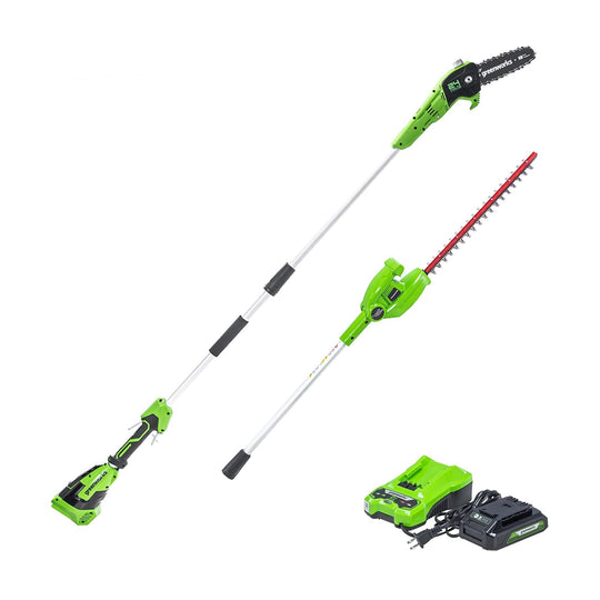 24V 8" Cordless Battery Polesaw and Pole Hedge Trimmer Combo Kit, 2Ah USB Battery and Charger greenworkstools