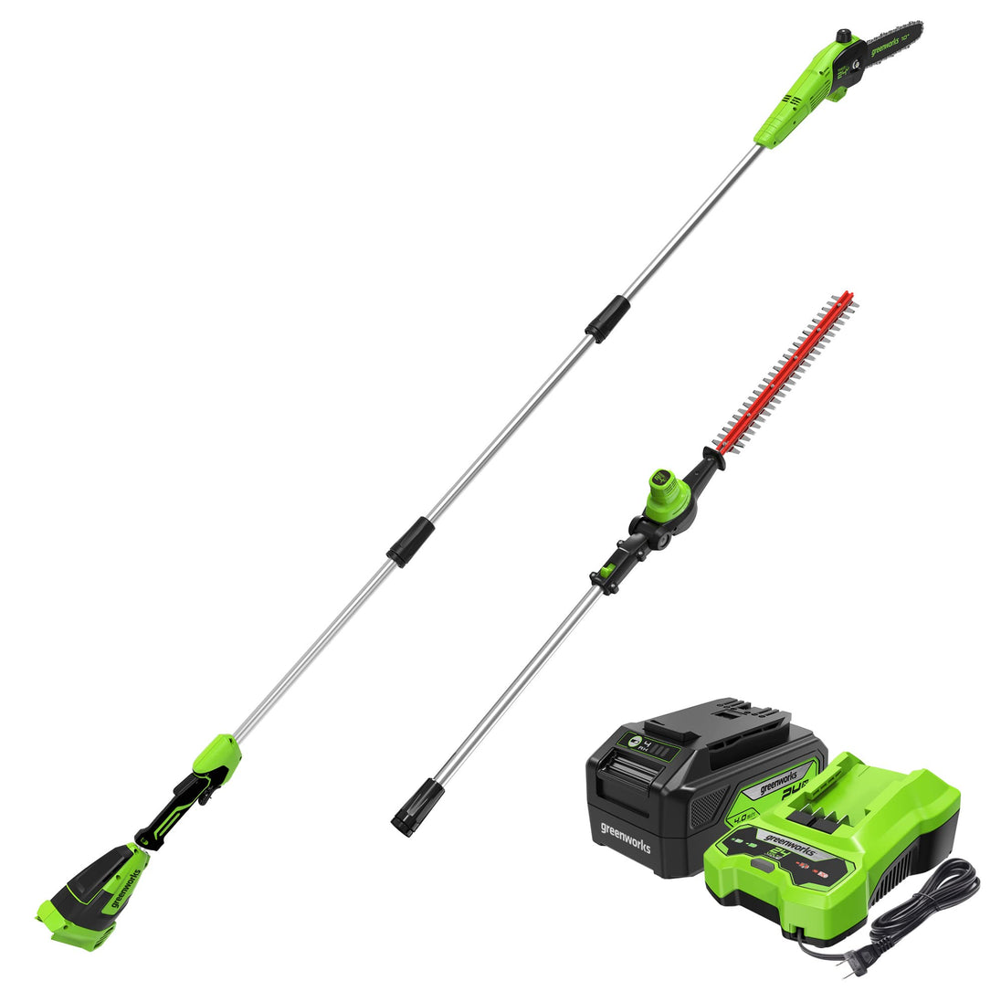 24V 10" Cordless Battery Polesaw and Pole Hedge Trimmer Combo Kit, 4Ah USB Battery and Charger greenworkstools