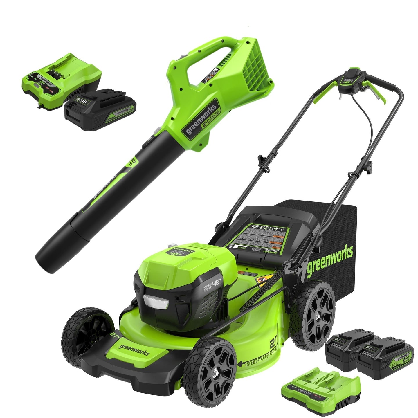 48V (24V x 2) 21" Cordless Battery Self-Propelled Mower & Blower Combo Kit w/ (3) Batteries & Chargers greenworkstools