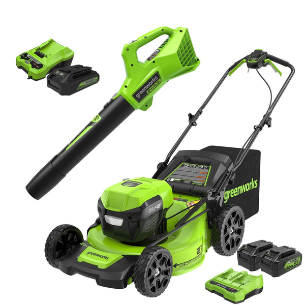 48V (24V x 2) 21" Cordless Battery Self-Propelled Mower & Blower Combo Kit w/ (3) Batteries & Chargers greenworkstools