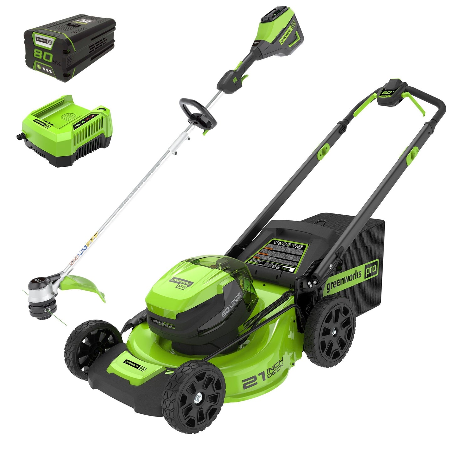 80V 21" Cordless Battery 4-in-1 Push Mower and 16" String Trimmer Combo Kit, (1) 4.0 Ah Battery and (1) Rapid Charger greenworkstools