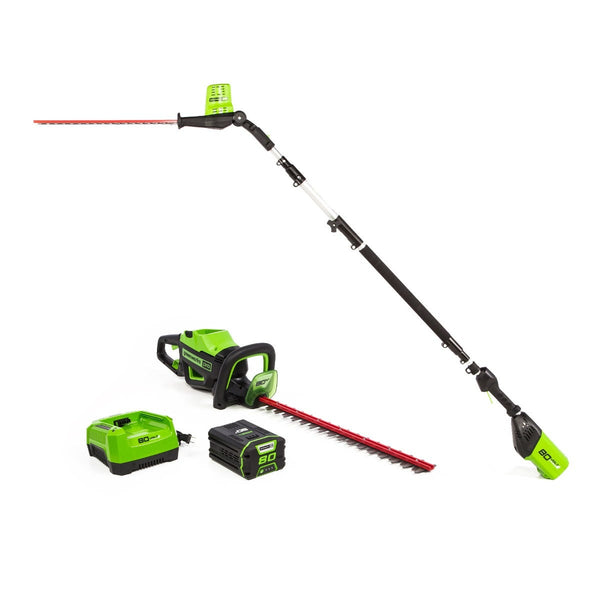 80V 24" Cordless Battery Hedge Trimmer and 20" Pole Hedge Trimmer Combo Kit: 2.0 Ah USB Battery and Charger greenworkstools