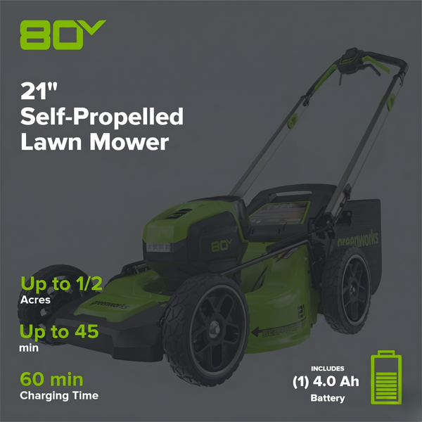 80V 21" Cordless Battery Brushless Self-Propelled Mower 3pc Combo Kit: 4.0 Ah Battery and 4A Charger greenworkstools