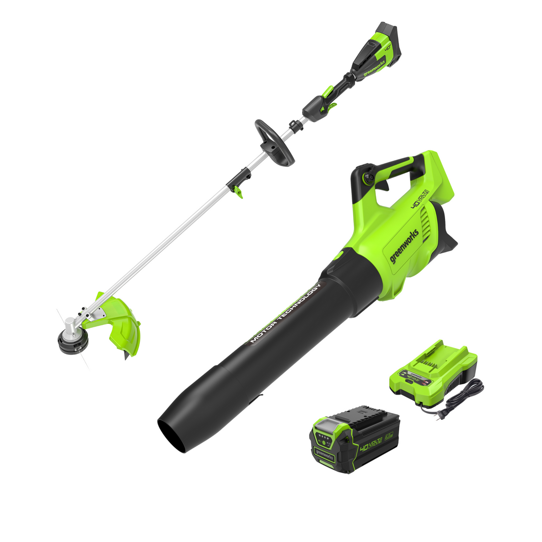 40V 550 CFM Cordless Battery Leaf Blower and 16" Attachment Capable String Trimmer Combo Kit, 4Ah Battery and Charger greenworkstools