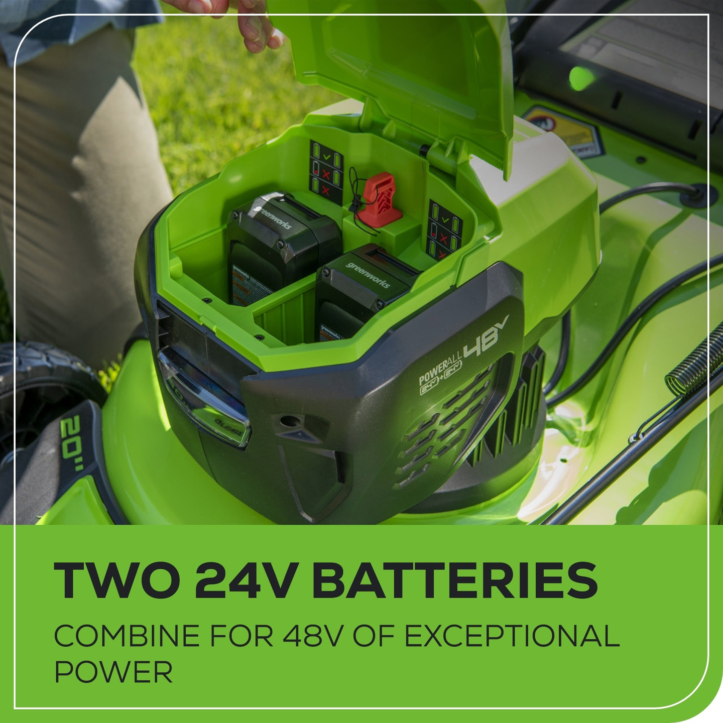 48V (24V x 2) 20" Cordless Battery Push Mower 4PC Combo Kit: (2) 4.0 Ah Batteries and Dual-Port Chargers greenworkstools