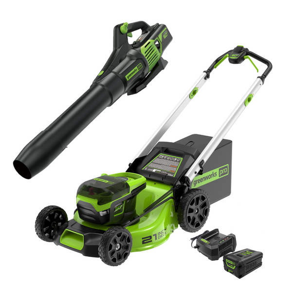 60V 21" Cordless Battery Push Mower and 610 CFM Blower Combo Kit w/ 5.0Ah Battery and Charger greenworkstools