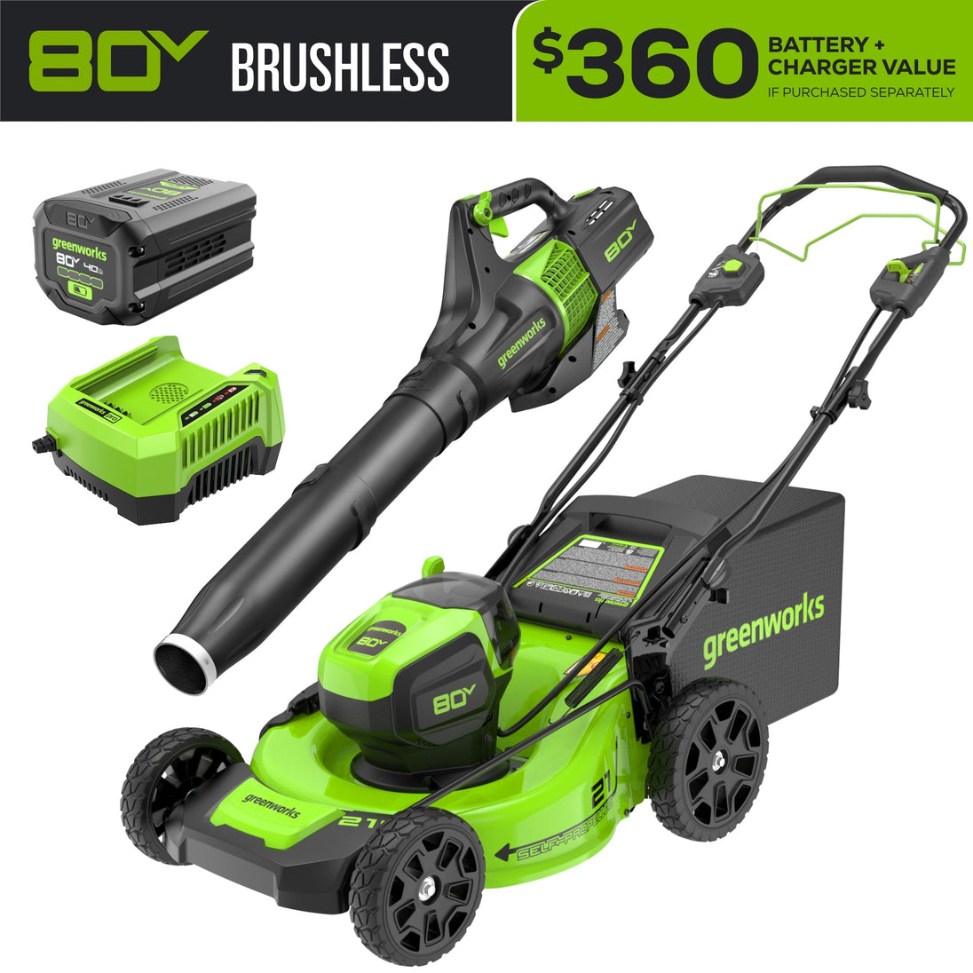 80V 21" Cordless Battery Self-Propelled Mower and Blower: 4.0 Ah Battery and Rapid Charger greenworkstools