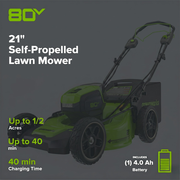 80V 21" Self-Propelled Mower 5PC Combo Kit, (1) 4Ah Battery, (1) 2Ah Battery and (2) Chargers greenworkstools