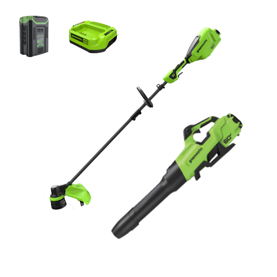 60V 16" Cordless Battery String Trimmer + 750CFM Blower w/2.5Ah Battery and 3A Charger Greenworks