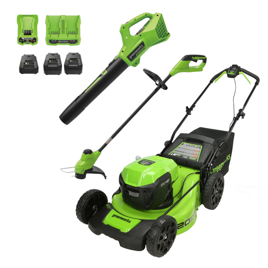 48V (24V x 2) 20" Cordless Battery Push Mower 3PC Combo Kit: (2) 4.0 Ah USB Batteries,(1) 2.0 Ah Battery,(1) Dual-Port Rapid Charger and (1) Charger greenworkstools