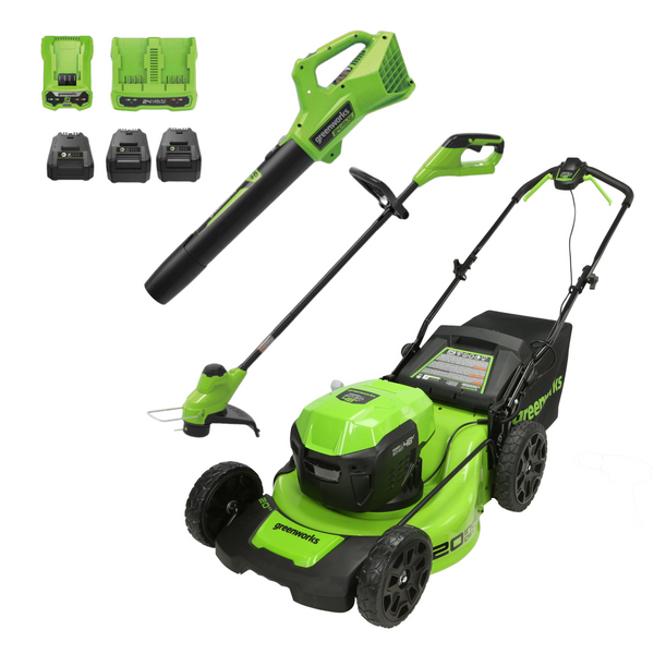 48V (24V x 2) 20" Cordless Battery Push Mower 3PC Combo Kit: (2) 4.0 Ah USB Batteries,(1) 2.0 Ah Battery,(1) Dual-Port Rapid Charger and (1) Charger greenworkstools