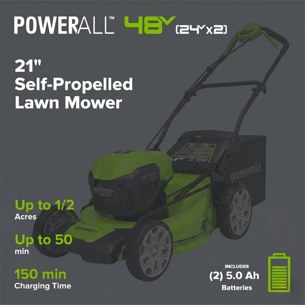 OPEN BOX 48V (24V x 2) 21" Cordless Battery Self-Propelled Mower 3PC Combo Kit: (2) 5.0Ah Batteries,(1) 2.0 Ah Battery,(1) Dual-Port Rapid Charger and (1) Charger greenworkstools