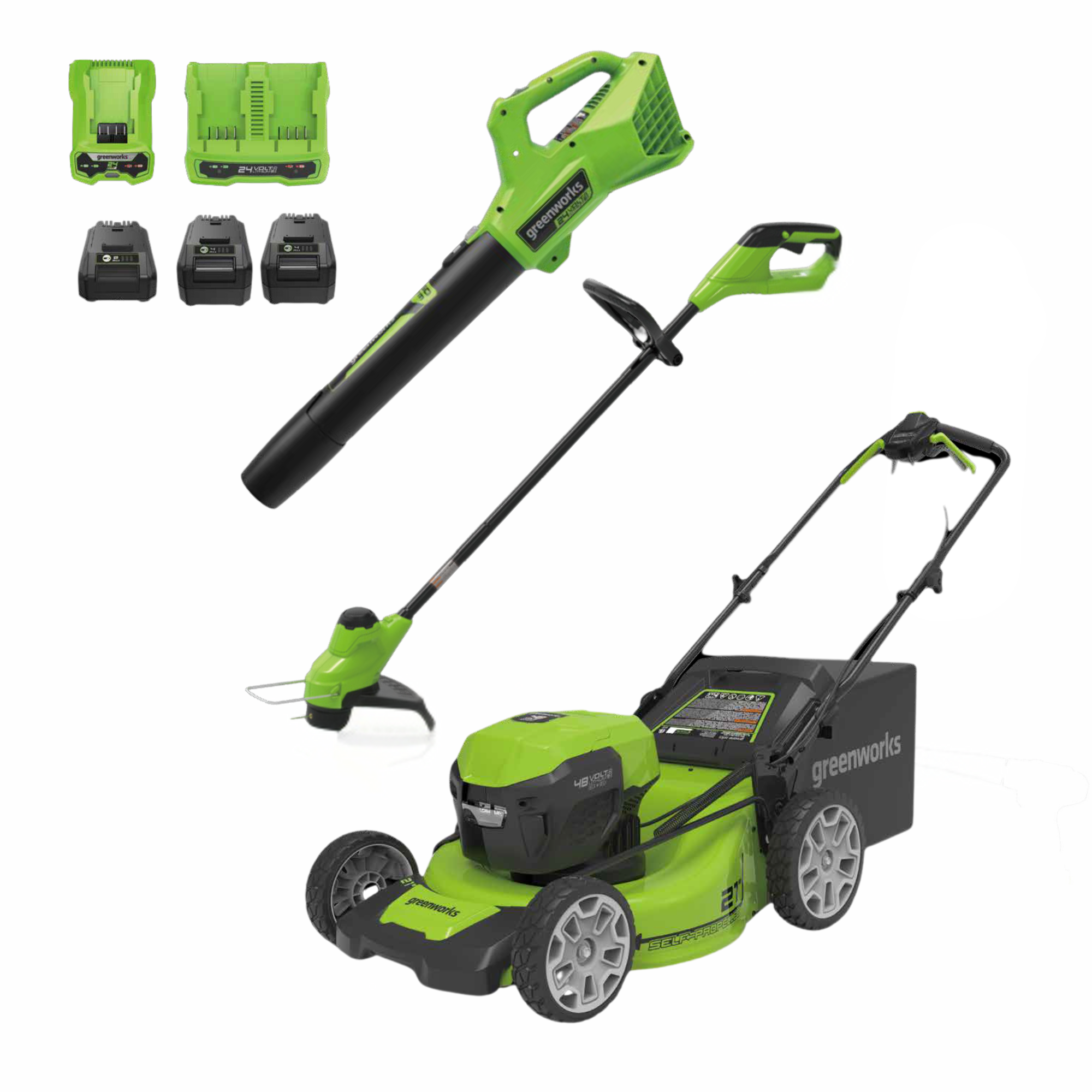 OPEN BOX 48V (24V x 2) 21" Cordless Battery Self-Propelled Mower 3PC Combo Kit: (2) 5.0Ah Batteries,(1) 2.0 Ah Battery,(1) Dual-Port Rapid Charger and (1) Charger greenworkstools