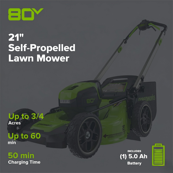 80V 21" Cordless Battery 4-in-1 Self-Propelled Lawn Mower and 700CFM Blower Combo Kit: 5.0 Ah Battery and 6A Charger greenworkstools