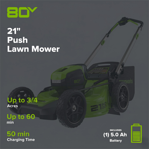 OPEN BOX 80V 21" Cordless Battery 4-in-1 Push Lawn Mower & 700CFM Blower Combo Kit w/ 5.0Ah Battery & 6A Charger greenworkstools