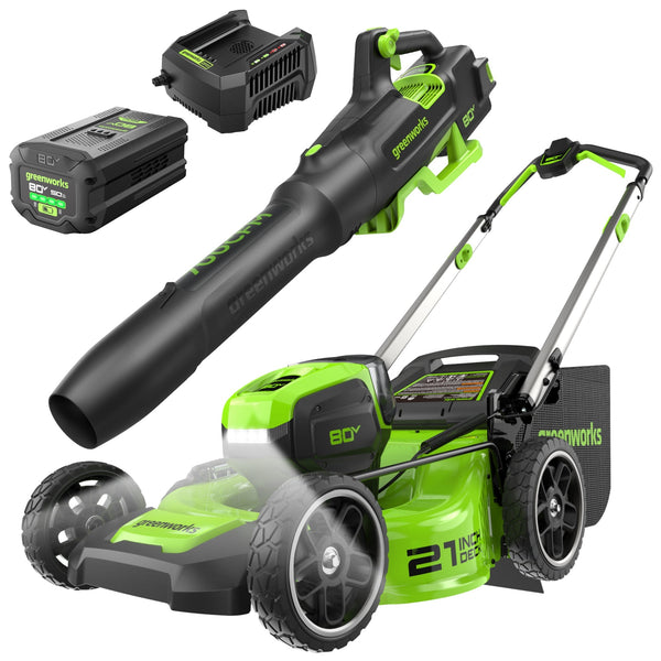 OPEN BOX 80V 21" Cordless Battery 4-in-1 Push Lawn Mower & 700CFM Blower Combo Kit w/ 5.0Ah Battery & 6A Charger greenworkstools