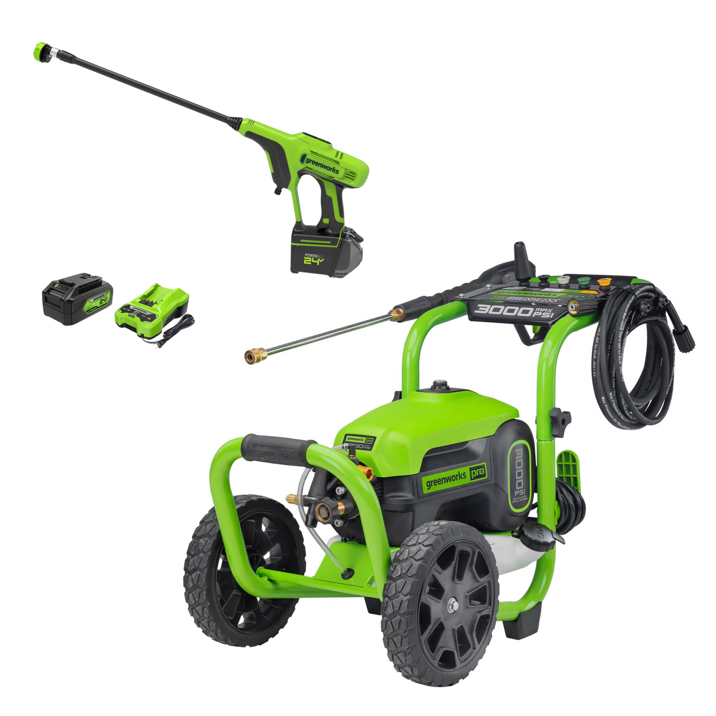3000 PSI Pressure Washer, 24V 600-PSI Cordless Power Cleaner Combo Kit greenworkstools