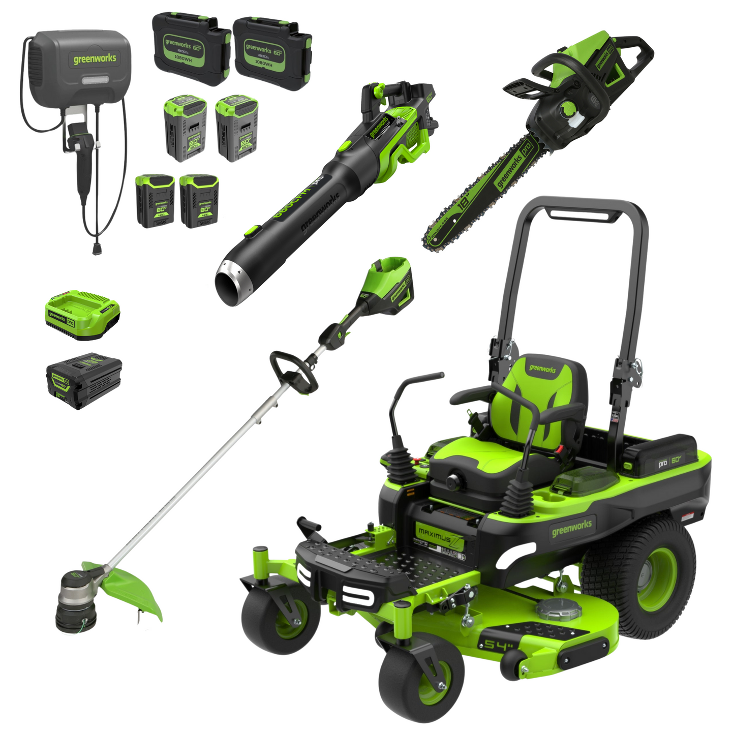 60V 54" MaximusZ Zero Turn Riding Mower 4PC Combo Kit with (2) 20.0 Ah: (2) 8.0 Ah: (2) 4.0 Ah and (1)2.5 Ah Batteries and (2) Charger Greenworks