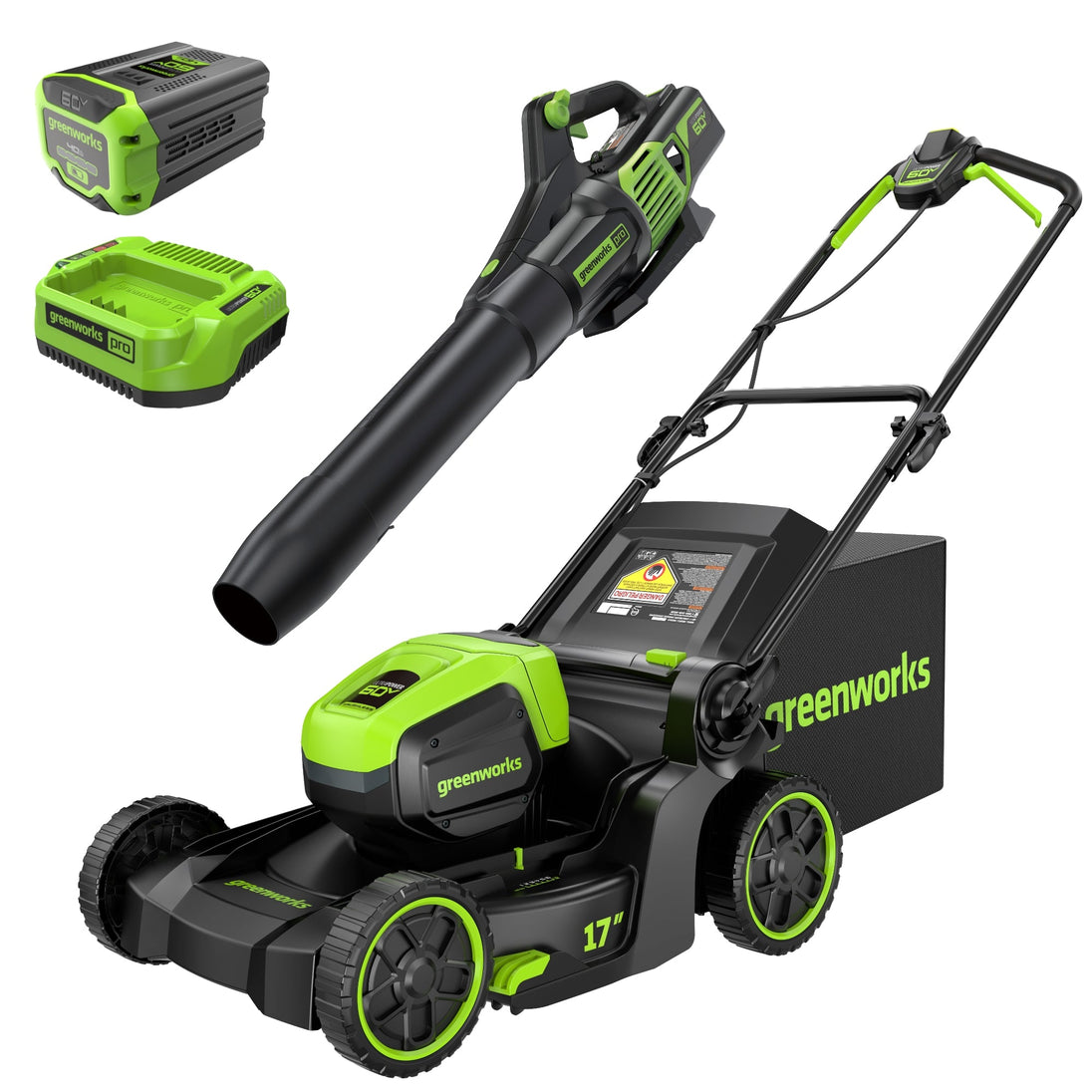 60V 17" Cordless Battery Push Lawn Mower and 610 CFM Jet Blower Combo Kit: 4.0 Ah Battery and Charger greenworkstools