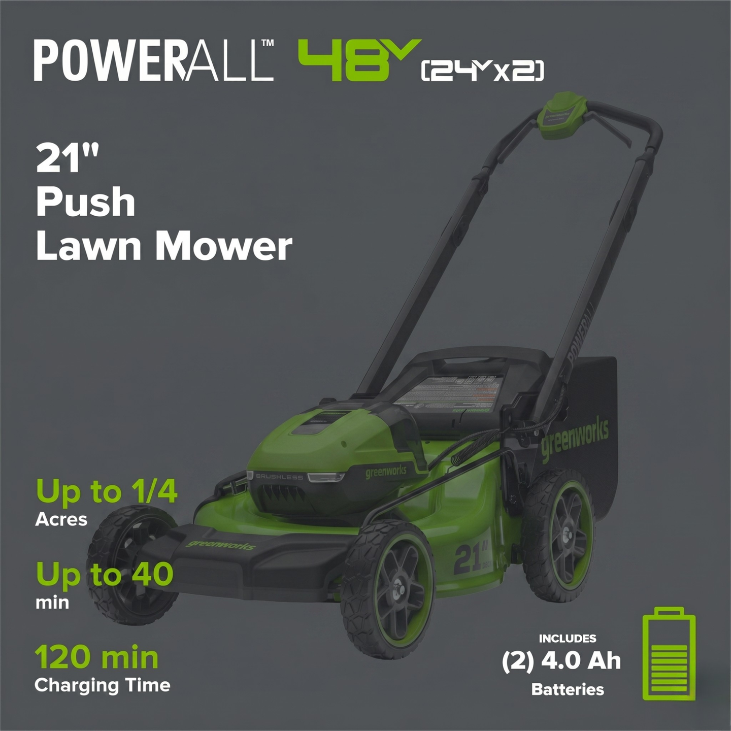 OPEN BOX 48V (24V x 2) 21" Cordless Battery Push Mower 3PC Combo Kit w/ (4) 4.0Ah High Power Batteries & (2) Dual Port Chargers greenworkstools