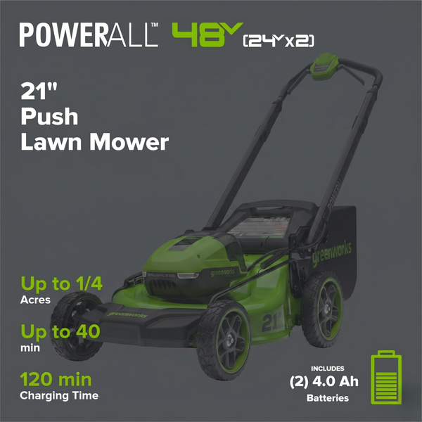 RENEWED 48V (24V x 2) 21" Cordless Battery Push Mower 3PC Combo Kit, (4) 4.0 Ah High Power Batteries and (2) Dual-Port Chargers greenworkstools