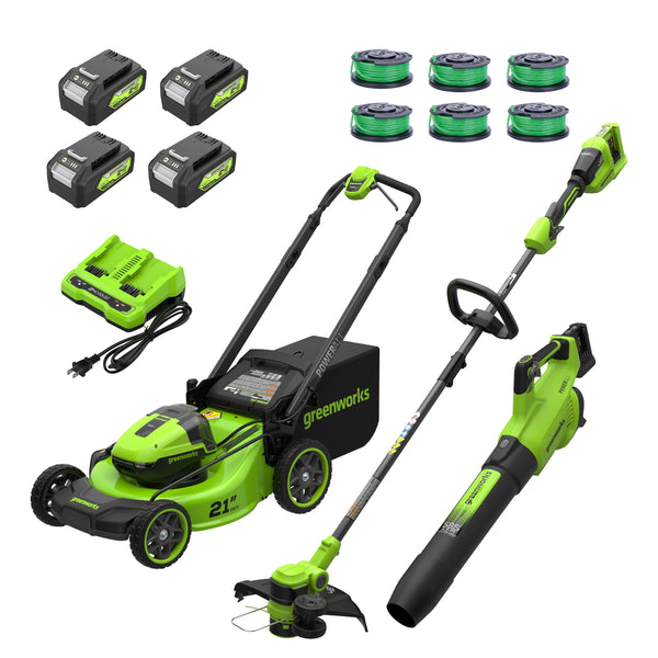 RENEWED 48V (24V x 2) 21" Cordless Battery Push Mower 3PC Combo Kit, (4) 4.0 Ah High Power Batteries and (2) Dual-Port Chargers greenworkstools