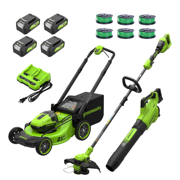 RENEWED 48V (24V x 2) 21" Cordless Battery Push Mower 3PC Combo Kit, (4) 4.0 Ah High Power Batteries and (2) Dual-Port Chargers greenworkstools