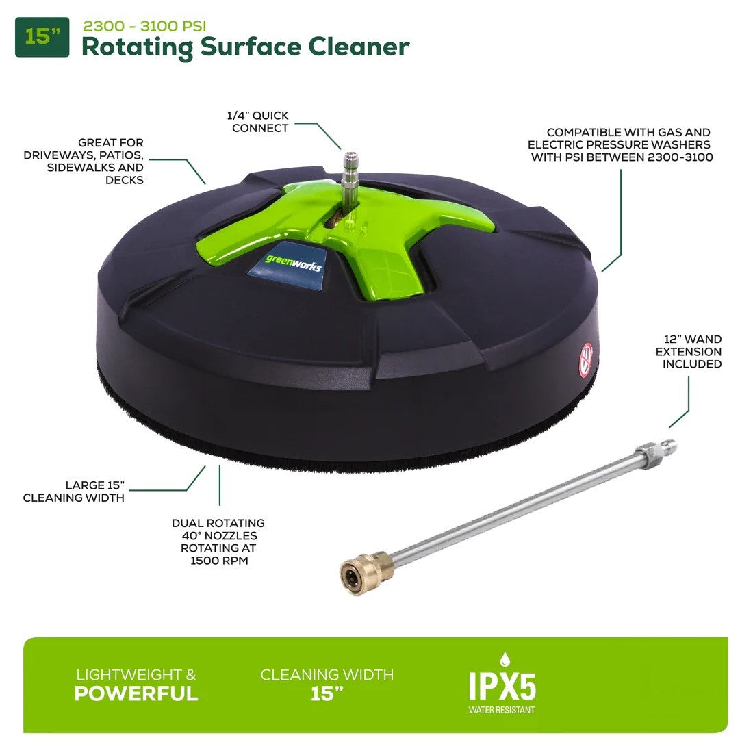 3000 PSI Pressure Washer, 15" Surface Cleaner and Extension Combo Kit greenworkstools