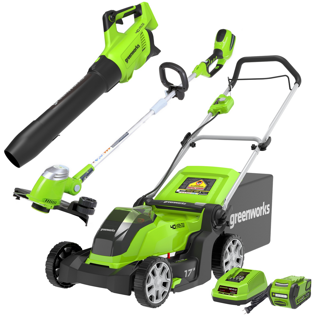 40V 17" Push Mower, 13" String Trimmer & 390 CFM Blower Combo Kit w/ 4.0Ah Battery & Charger greenworkstools
