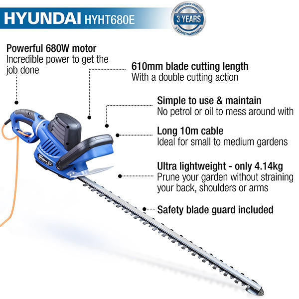 Hyundai 680W 610mm Corded Electric Hedge Trimmer Pruner | HYHT680E Hyundai