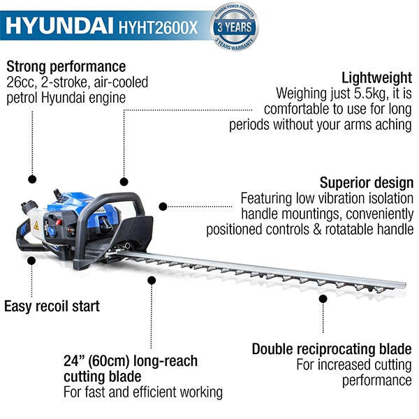 Petrol Hedge Trimmer/Pruner, 26cc 2-stroke Easy-Start, Lightweight and Anti-Vibration, 24” (60cm) Blade by Hyundai | HYHT2600X Hyundai