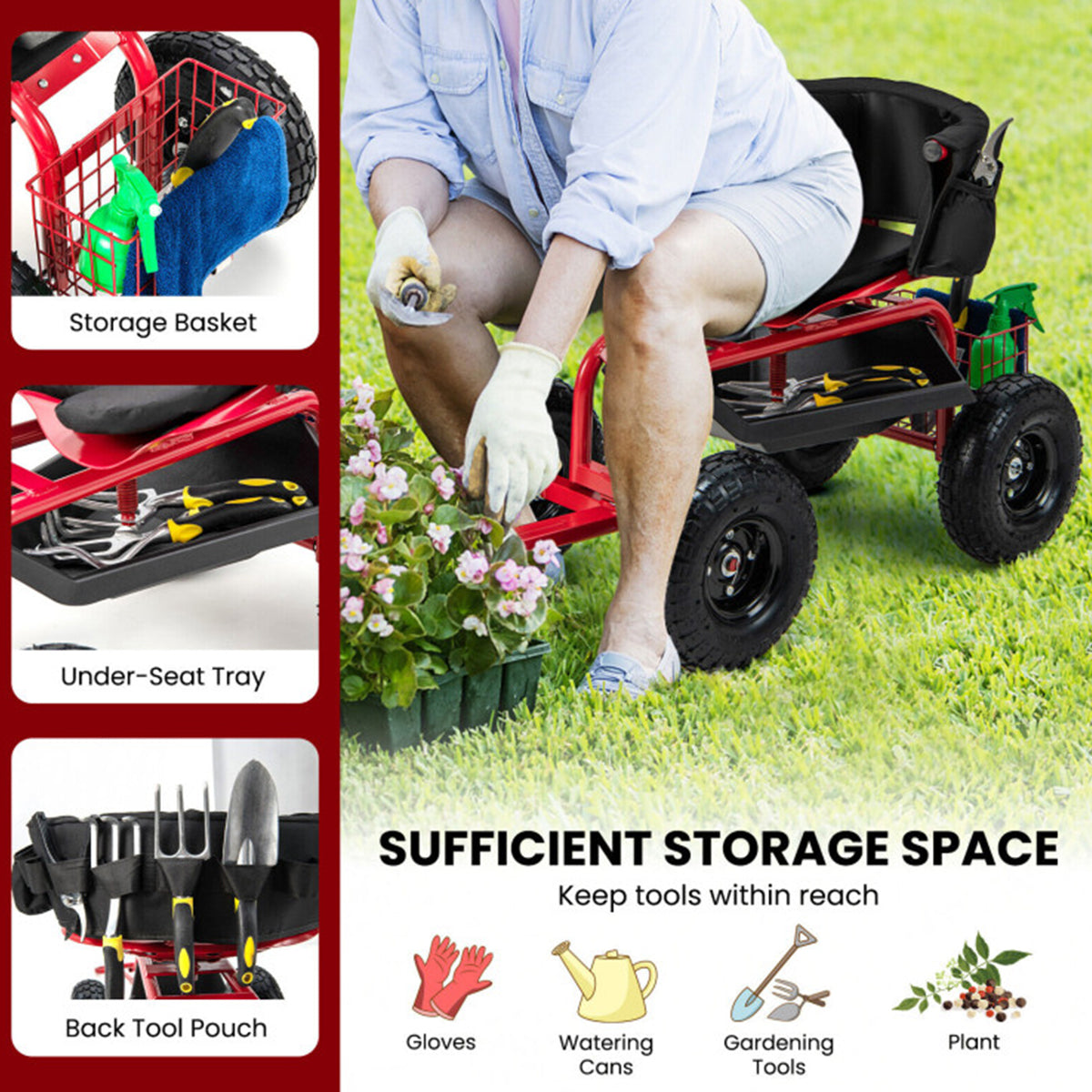 Cushioned Rolling Garden Cart with Swivel Seat GoPlus (Costway)