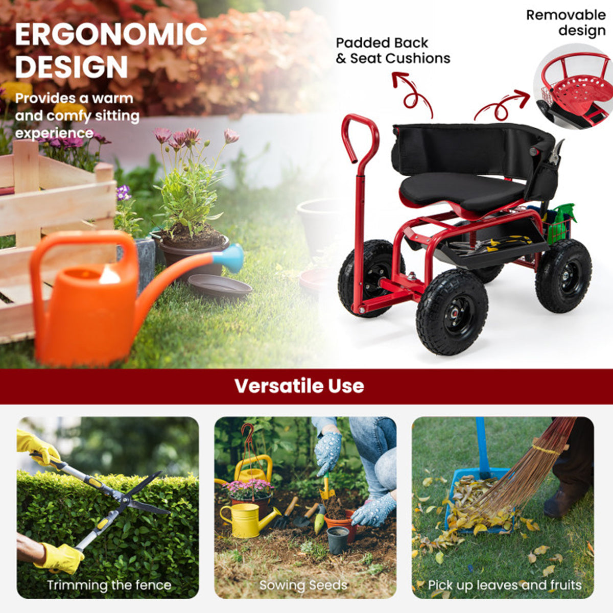 Cushioned Rolling Garden Cart with Swivel Seat GoPlus (Costway)
