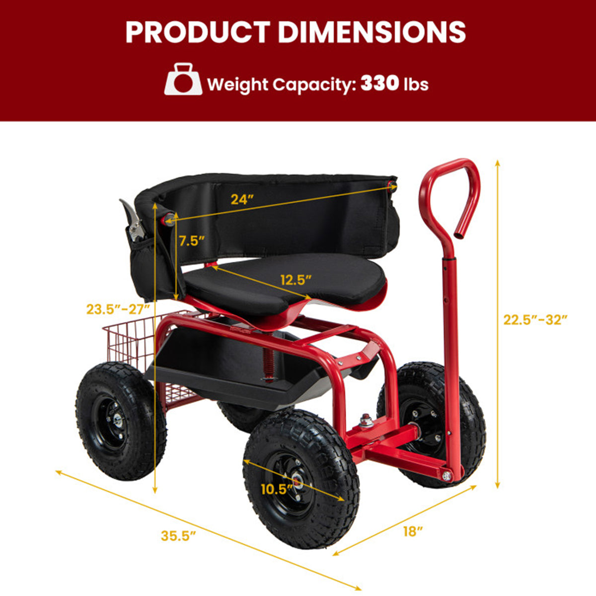 Cushioned Rolling Garden Cart with Swivel Seat GoPlus (Costway)