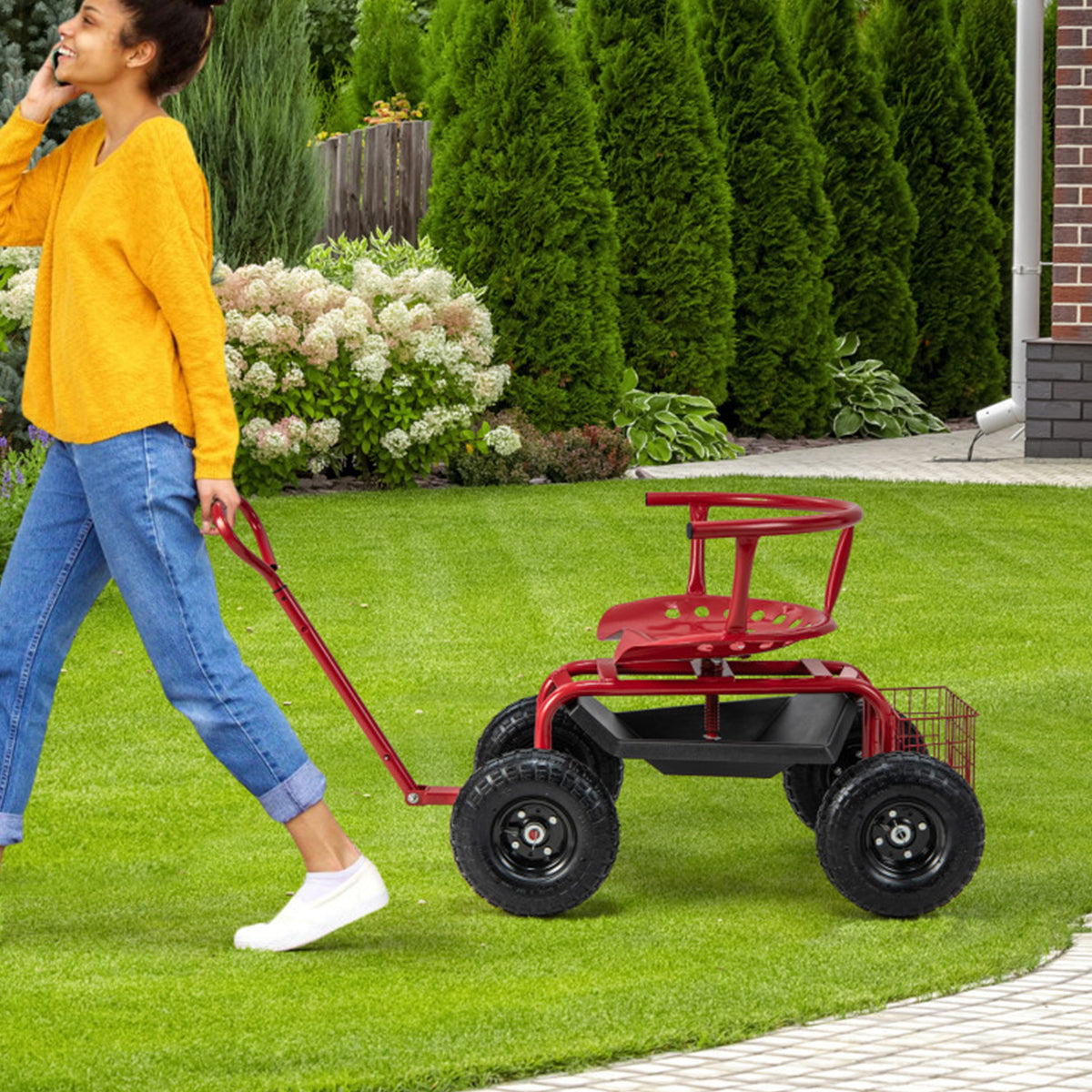 Cushioned Rolling Garden Cart with Swivel Seat GoPlus (Costway)