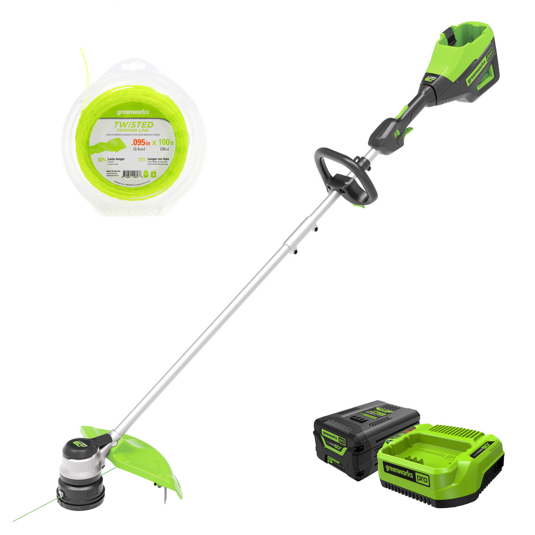 60V 16" Cordless Battery String Trimmer and 0.095 String Trimmer Line Combo Kit: 2.5 Ah Battery and Charger greenworkstools