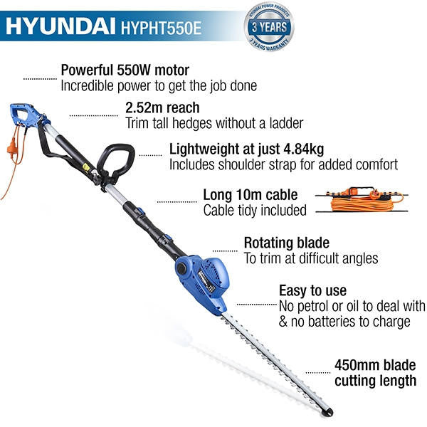 Hyundai 550W 450mm Long Reach Corded Electric Pole Hedge Trimmer/Pruner | HYPHT550E Hyundai