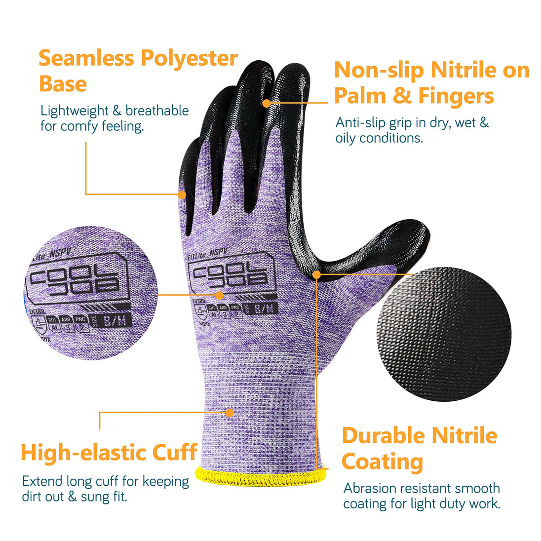 COOLJOB 10 Pairs Nitrile Dipped Safety Work Gloves with Grip, Non-slip Rubber Coated Bulk Garden Gloves(Pink&Purple) COOLJOB